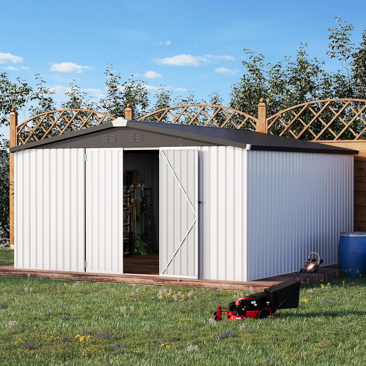 U-MAX 10' x 10' Shed Outdoor Storage Shed Clearance, Large Metal Garden Shed Yard Steel Shed with Design of Lockable Doors, Tool and Utility Storage for Backyard, Garden, Patio, Outside use White