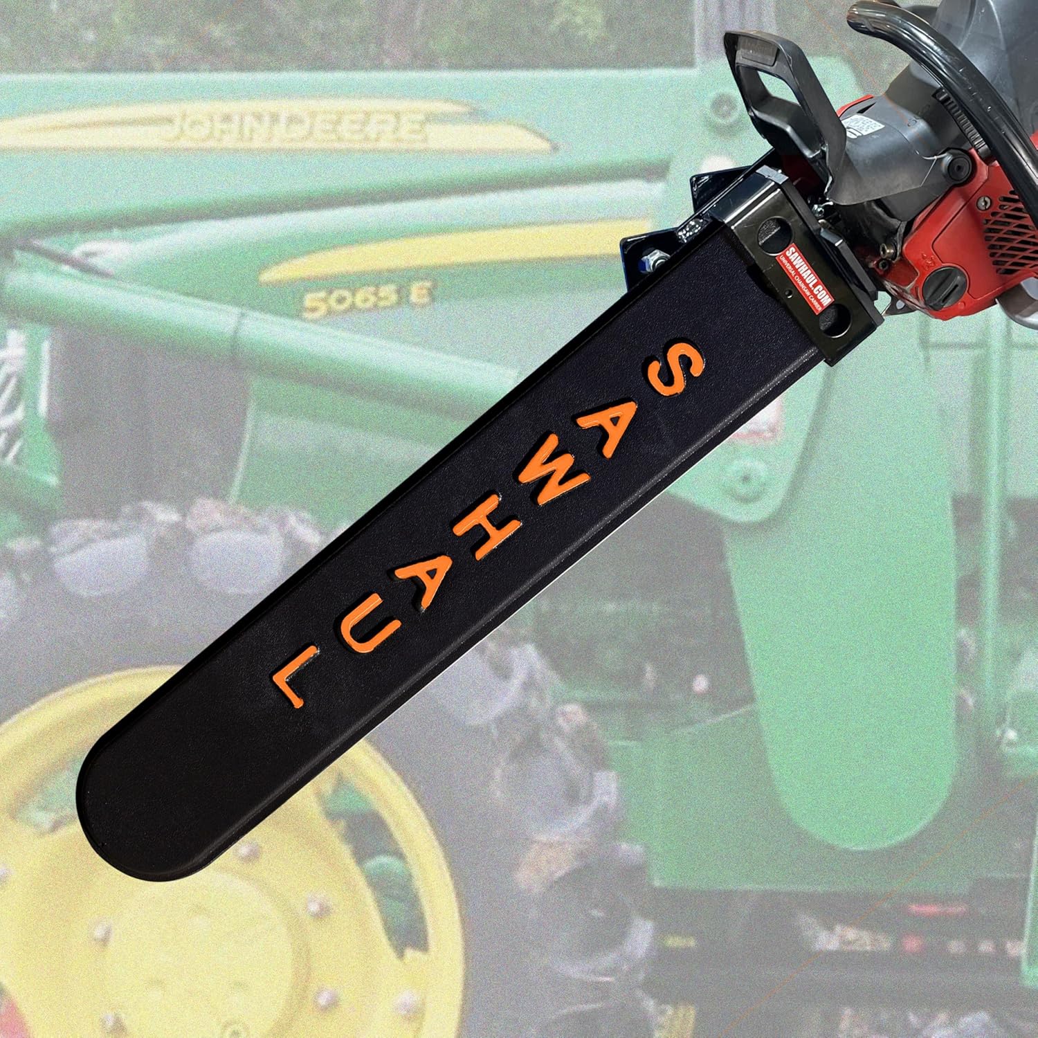 SawHaul Snap-Lok Universal Chainsaw Carrier Kit for Tractors and Skid Steers – 28 Inch Orange Scabbard with Rotating Mount – Compatible with All Chainsaw Brands – Made in USA