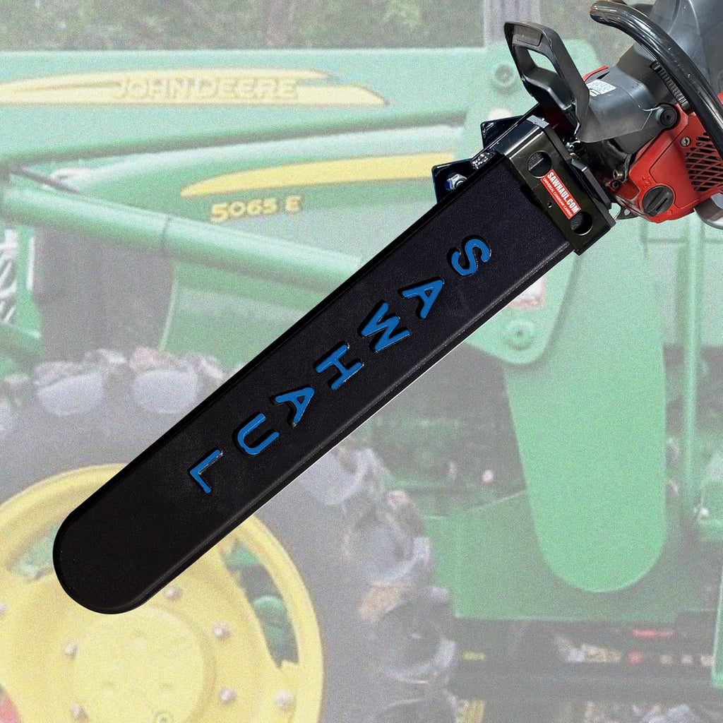 SawHaul Snap-Lok Universal Chainsaw Carrier Kit for Tractors and Skid Steers – 28 Inch Blue Scabbard with Rotating Mount – Compatible with All Chainsaw Brands – Made in USA