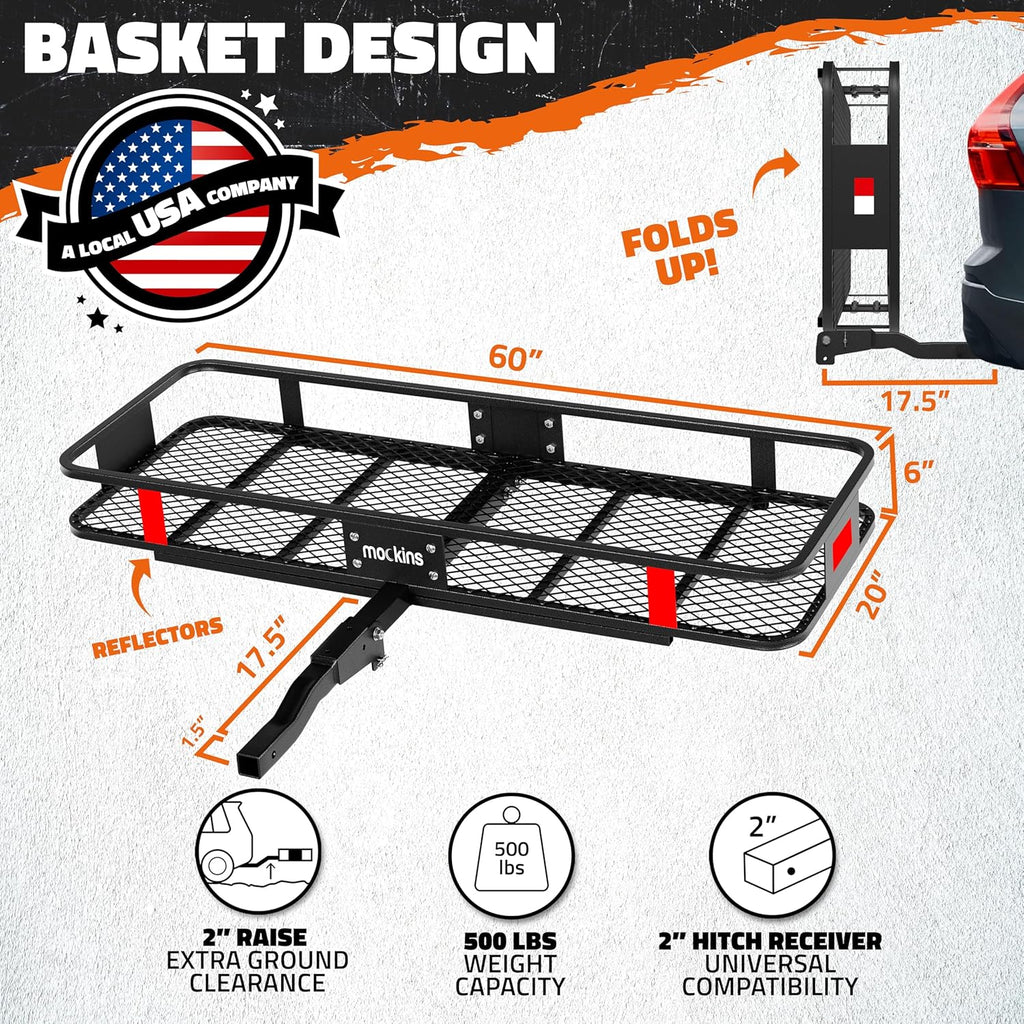 Mockins 60"x20"x6" Trailer Hitch Cargo Carrier | Weatherproof Steel Folding Luggage Rack for Car, SUV & Truck w/ 500 lbs. Capacity | 2" Receiver Hitch Rack Luggage Carrier & Cargo Trailer Accessories