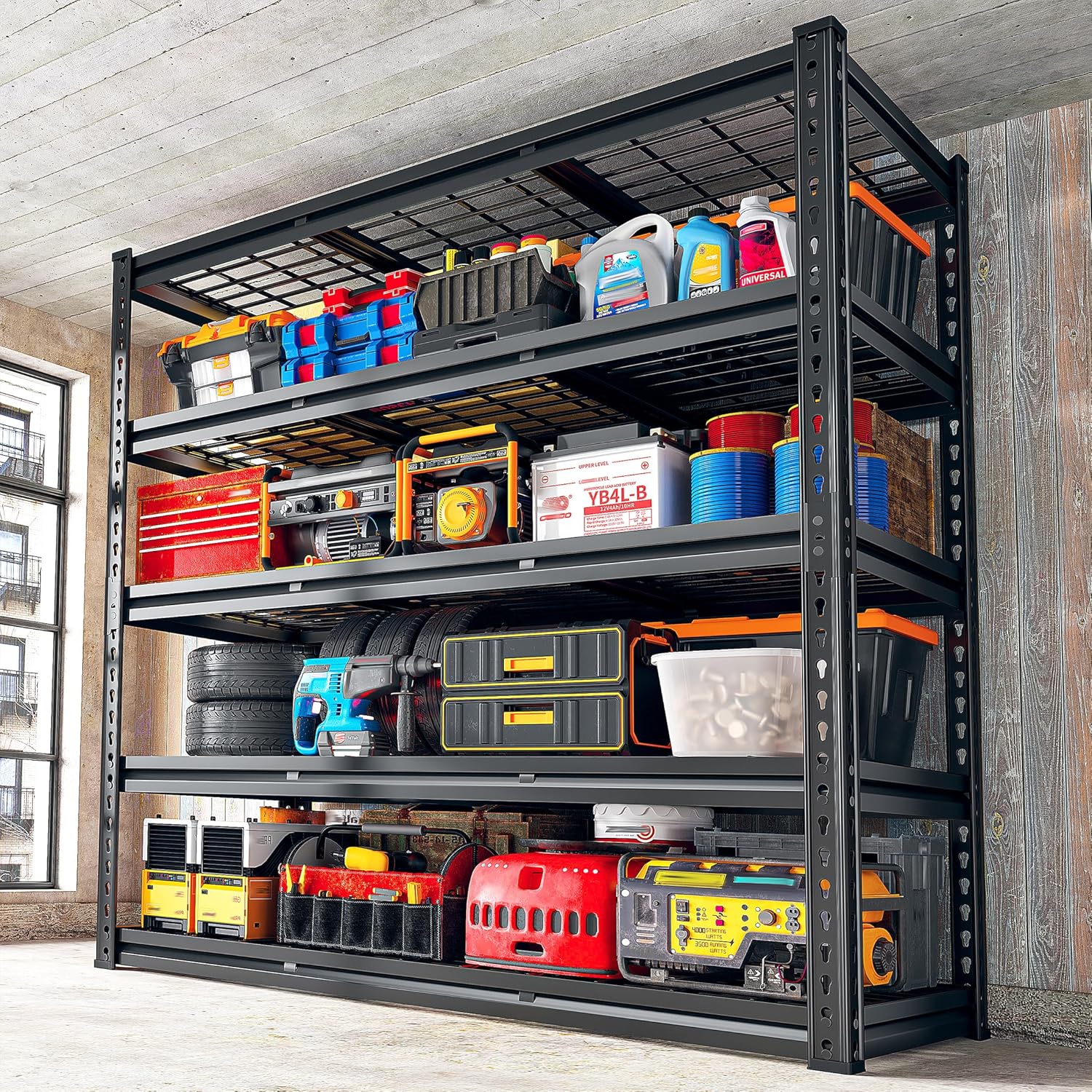 REIBII 48" W Garage Shelves, 5-Tier Garage Shelving Load 2750LBS, Adjustable Metal Storage Shelves, Wire Shelving for Basement, Warehouse, Workshop, Kitchen, 48" W x 18" D x 72" H